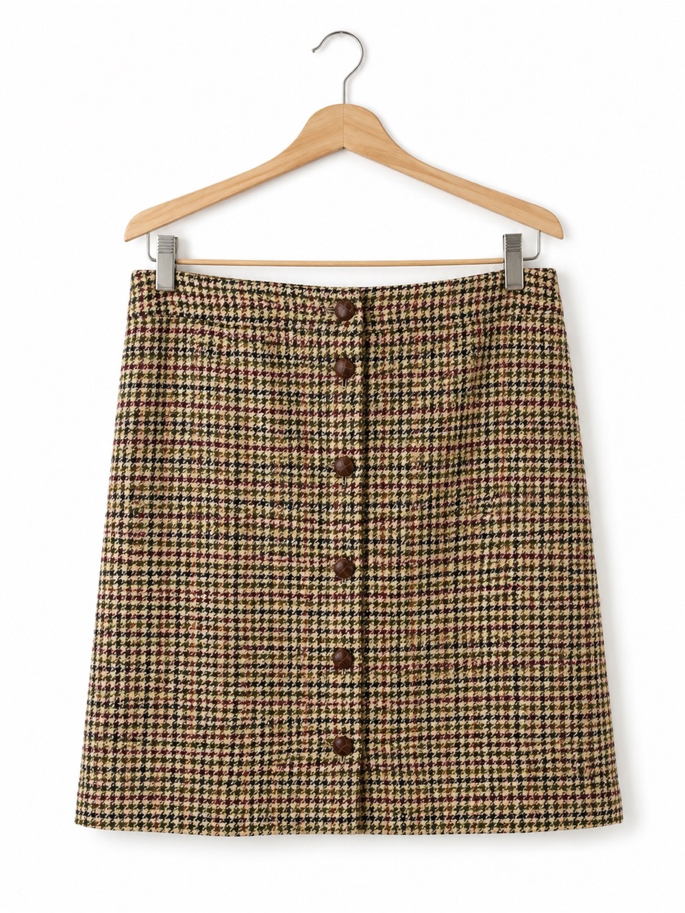 Talbots Houndstooth Button Front Mini Skirt Size 16 Brown Olive Plaid Career